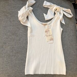Hem & Thread Cream Ribbed Tie-Shoulder Tank Top